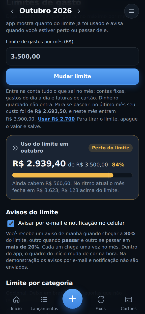 Aba Limites: limite de R$ 3.500 por mês, com 84% usado e o aviso de que está perto do limite